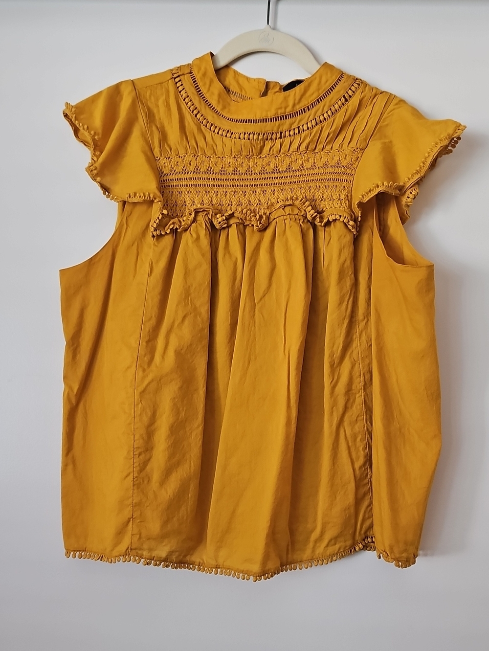 J Crew Mustard Smocked Flutter Sleeve Women’s Top